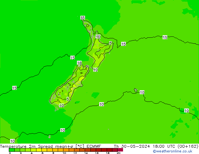 Temperatura 2m Spread ECMWF jue 30.05.2024 18 UTC