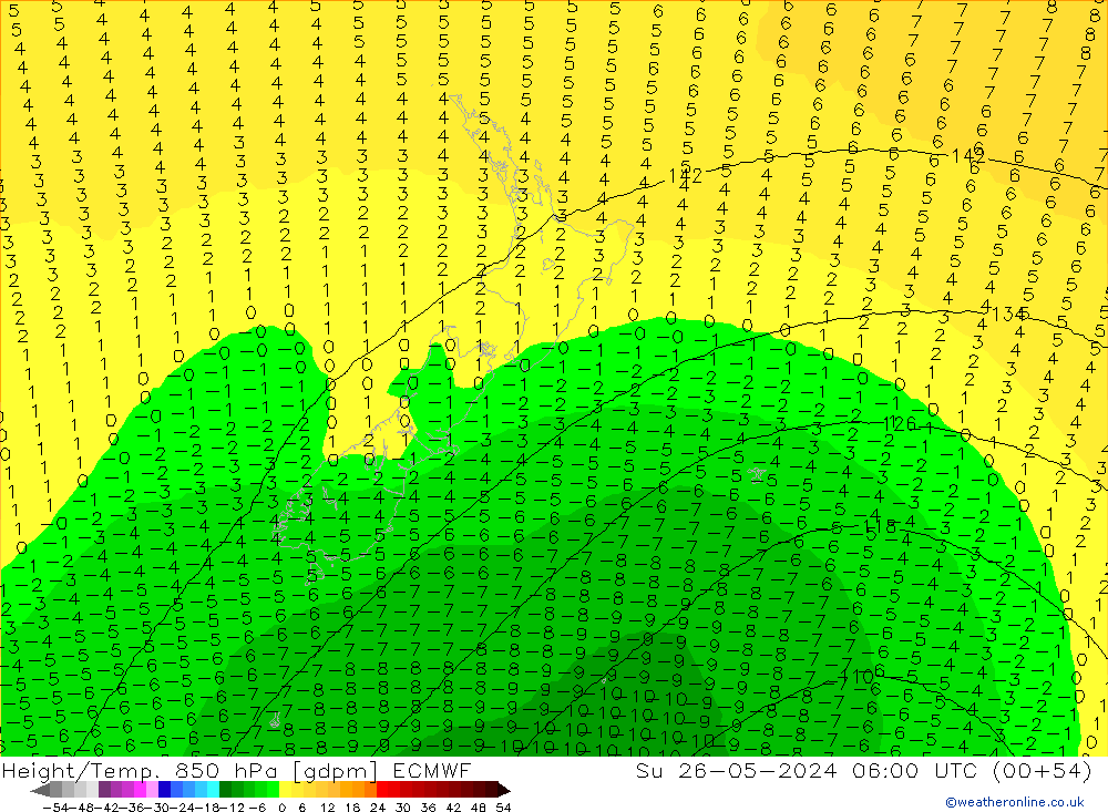 Hoogte/Temp. 850 hPa ECMWF zo 26.05.2024 06 UTC