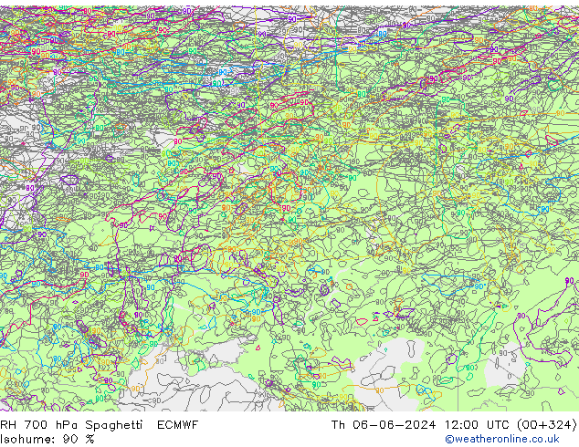 RH 700 hPa Spaghetti ECMWF Th 06.06.2024 12 UTC
