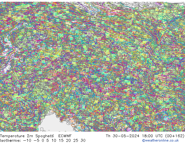 Temperature 2m Spaghetti ECMWF Čt 30.05.2024 18 UTC