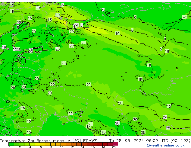 Temperatura 2m Spread ECMWF mar 28.05.2024 06 UTC