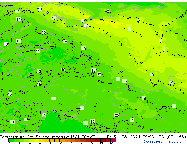 Temperature 2m Spread ECMWF Pá 31.05.2024 00 UTC