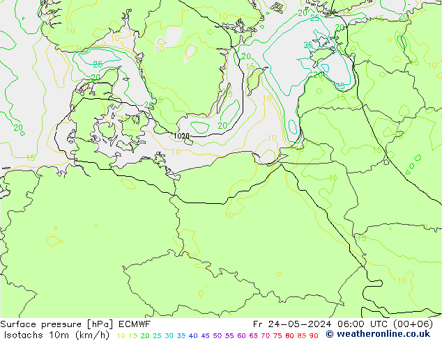 Isotachs (kph) ECMWF Fr 24.05.2024 06 UTC