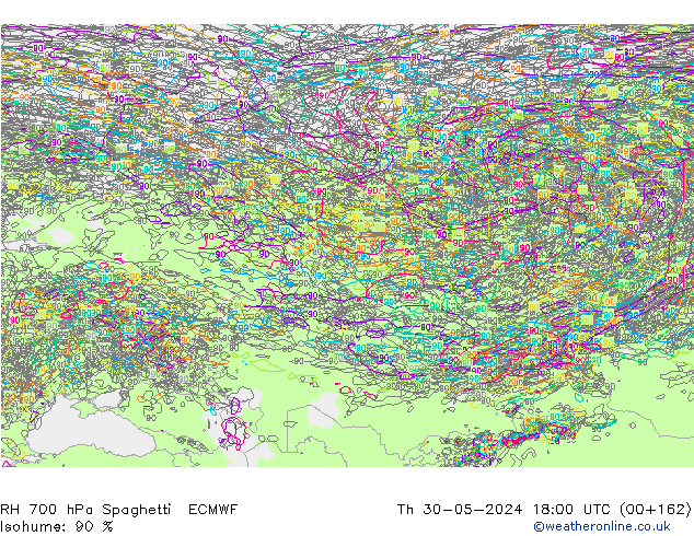 RH 700 hPa Spaghetti ECMWF Čt 30.05.2024 18 UTC