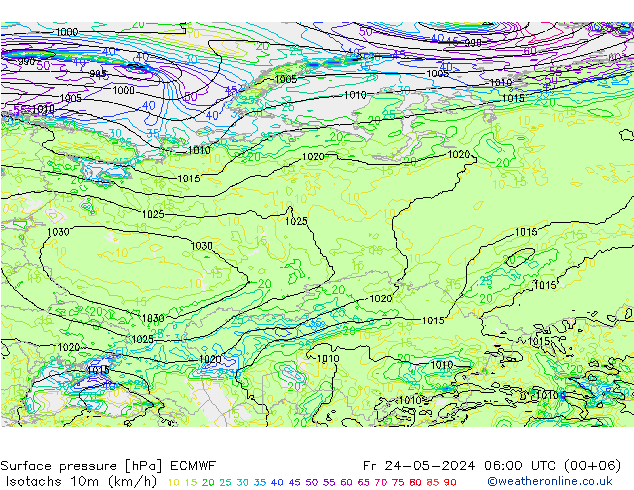 Isotachs (kph) ECMWF Pá 24.05.2024 06 UTC