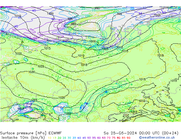 Eşrüzgar Hızları (km/sa) ECMWF Cts 25.05.2024 00 UTC