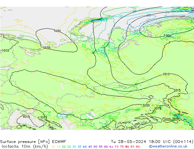 Isotachen (km/h) ECMWF Di 28.05.2024 18 UTC