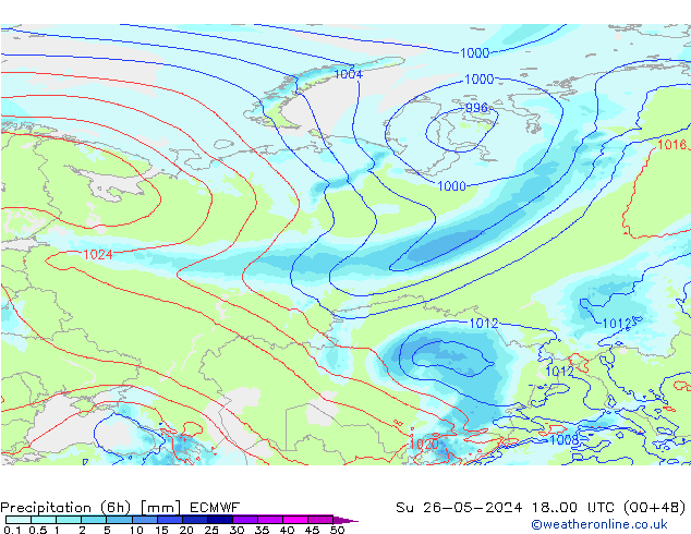 Precipitation (6h) ECMWF Su 26.05.2024 00 UTC