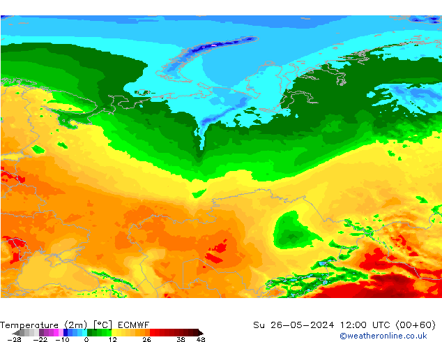 Temperatuurkaart (2m) ECMWF zo 26.05.2024 12 UTC