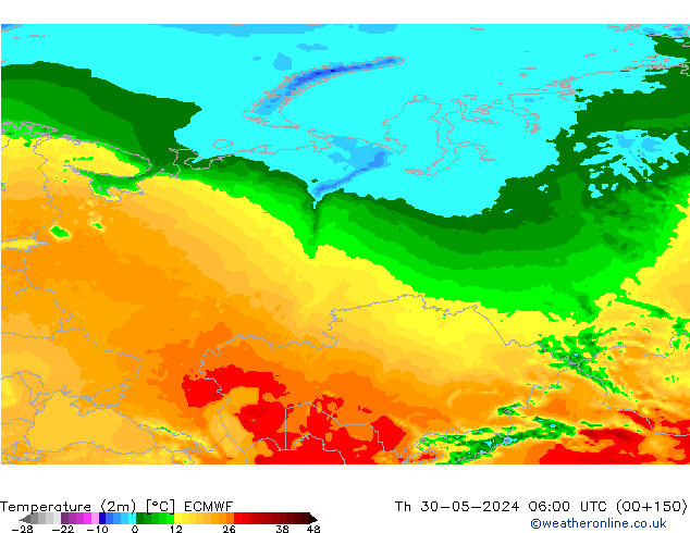 Temperatuurkaart (2m) ECMWF do 30.05.2024 06 UTC