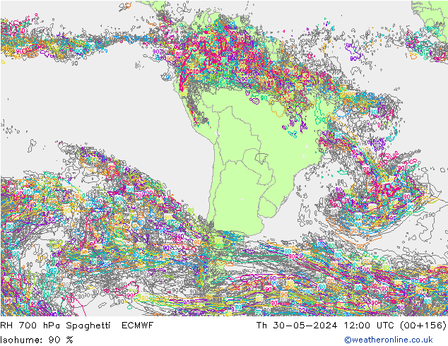 RH 700 гПа Spaghetti ECMWF чт 30.05.2024 12 UTC