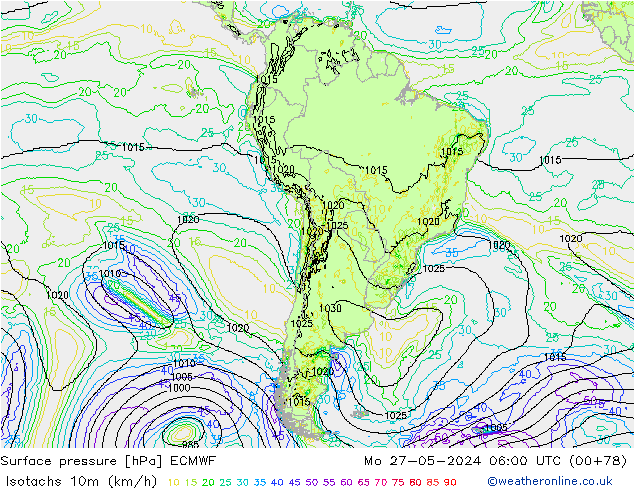 Isotachs (kph) ECMWF  27.05.2024 06 UTC