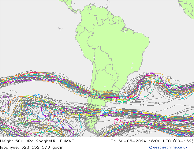 Geop. 500 hPa Spaghetti ECMWF jue 30.05.2024 18 UTC