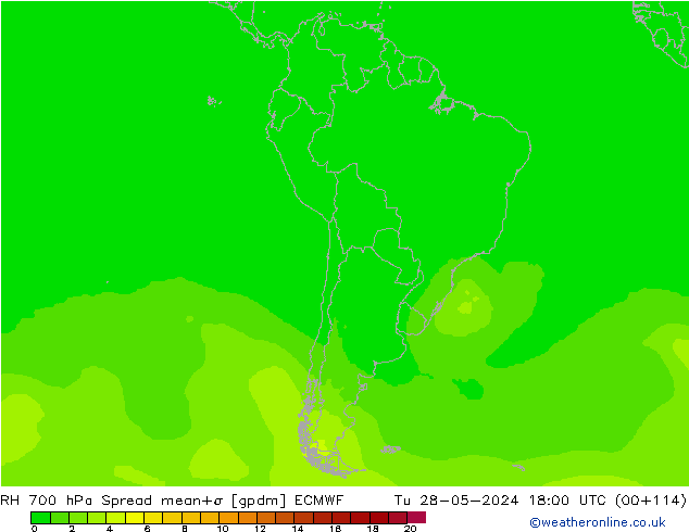 Humedad rel. 700hPa Spread ECMWF mar 28.05.2024 18 UTC