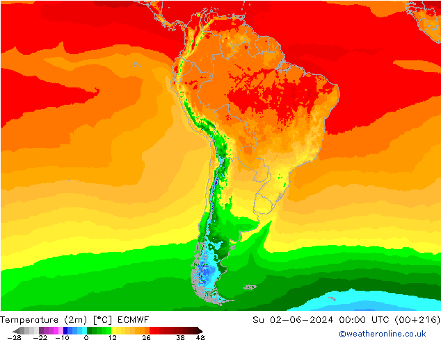 Temperature (2m) ECMWF Ne 02.06.2024 00 UTC