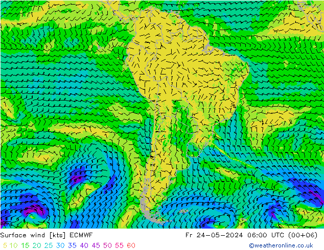 Vento 10 m ECMWF Sex 24.05.2024 06 UTC