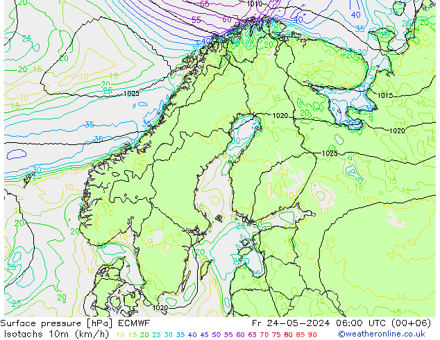 Isotachs (kph) ECMWF ven 24.05.2024 06 UTC