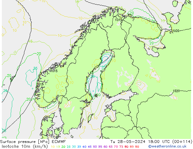 Izotacha (km/godz) ECMWF wto. 28.05.2024 18 UTC