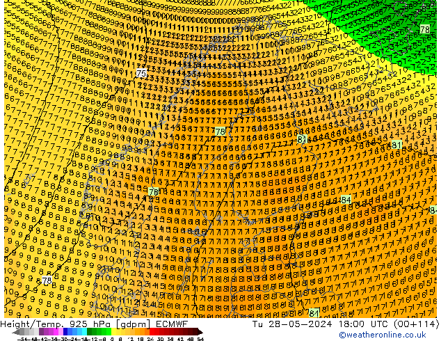 Height/Temp. 925 hPa ECMWF Tu 28.05.2024 18 UTC