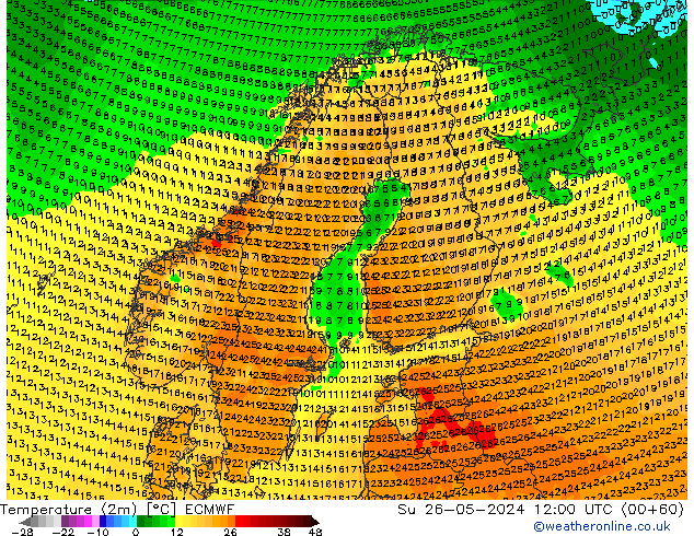 Temperatuurkaart (2m) ECMWF zo 26.05.2024 12 UTC