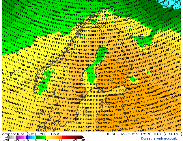 Temperatuurkaart (2m) ECMWF do 30.05.2024 18 UTC