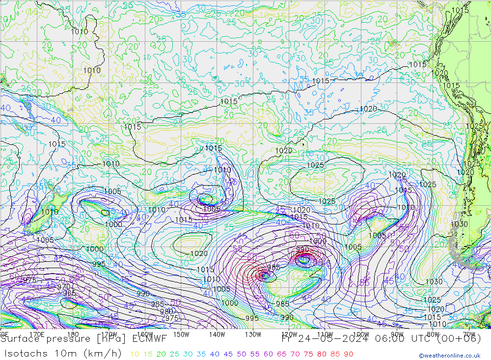 Isotaca (kph) ECMWF vie 24.05.2024 06 UTC