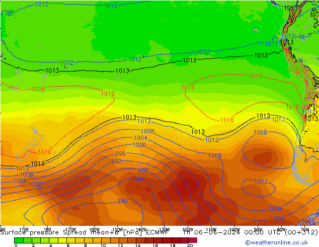 Surface pressure Spread ECMWF Th 06.06.2024 00 UTC