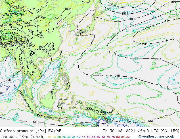 Isotachs (kph) ECMWF Qui 30.05.2024 06 UTC