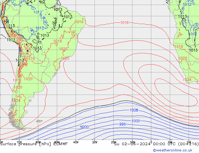 Presión superficial ECMWF dom 02.06.2024 00 UTC