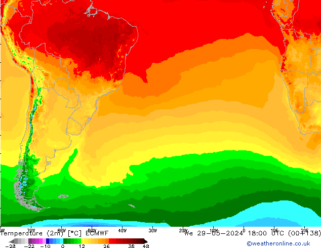 Temperatura (2m) ECMWF mié 29.05.2024 18 UTC