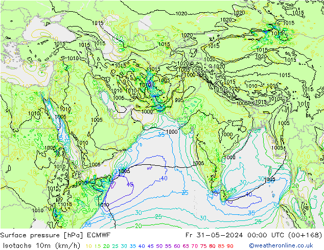 Isotachen (km/h) ECMWF vr 31.05.2024 00 UTC