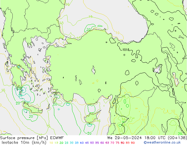 Isotachs (kph) ECMWF ср 29.05.2024 18 UTC