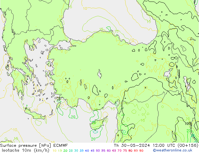 Isotachs (kph) ECMWF gio 30.05.2024 12 UTC