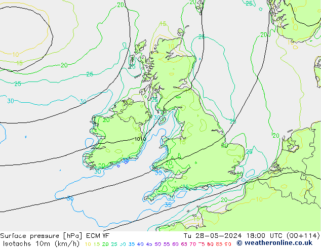 Isotachs (kph) ECMWF Tu 28.05.2024 18 UTC