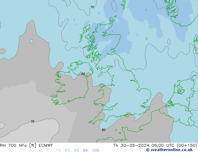 Humidité rel. 700 hPa ECMWF jeu 30.05.2024 06 UTC