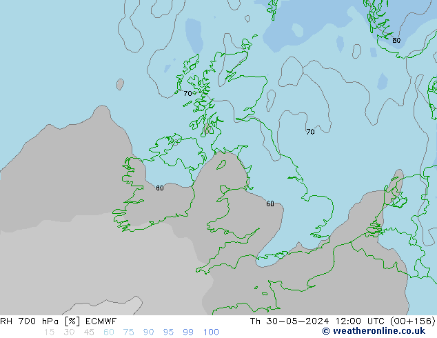 RH 700 hPa ECMWF Qui 30.05.2024 12 UTC