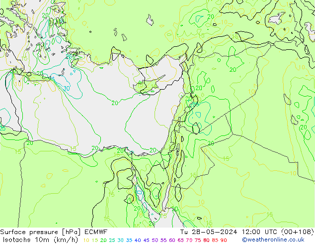 Isotachs (kph) ECMWF Tu 28.05.2024 12 UTC