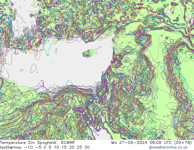 Temperature 2m Spaghetti ECMWF Mo 27.05.2024 06 UTC