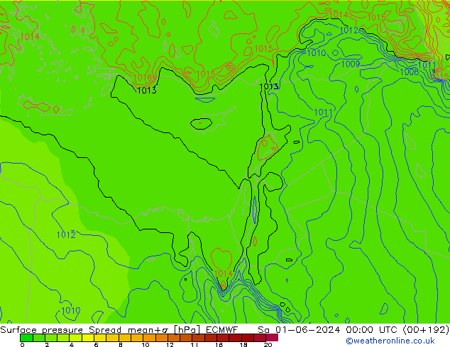 Surface pressure Spread ECMWF Sa 01.06.2024 00 UTC