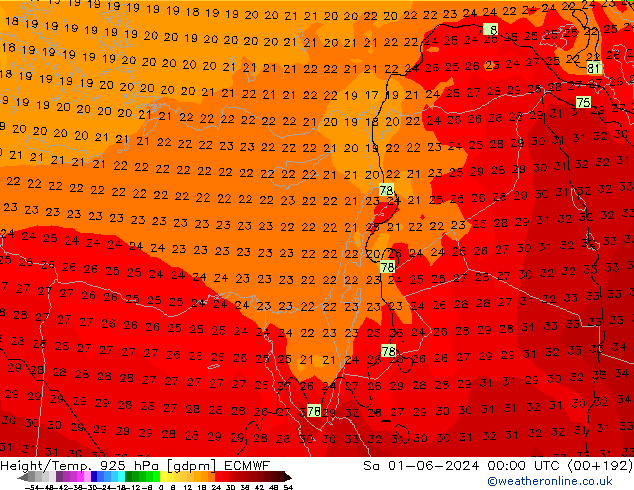 Height/Temp. 925 hPa ECMWF Sa 01.06.2024 00 UTC