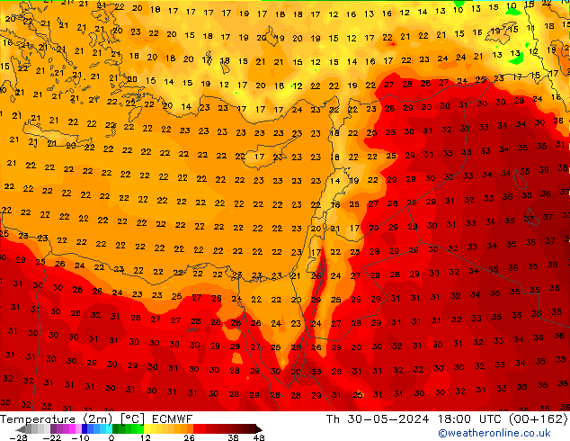 Temperature (2m) ECMWF Th 30.05.2024 18 UTC