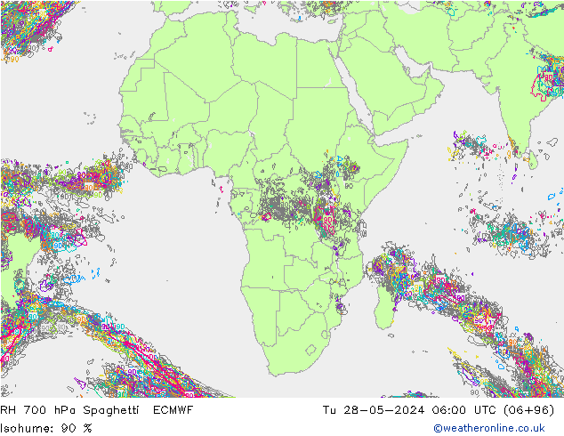 RH 700 hPa Spaghetti ECMWF Tu 28.05.2024 06 UTC