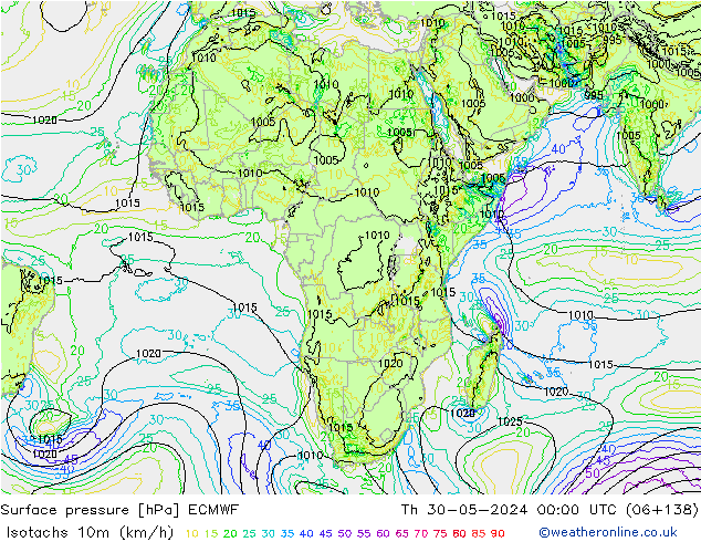 Izotacha (km/godz) ECMWF czw. 30.05.2024 00 UTC