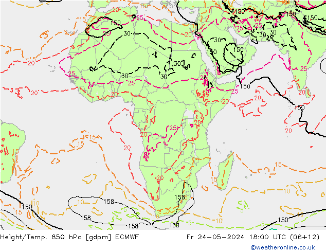 Hoogte/Temp. 850 hPa ECMWF vr 24.05.2024 18 UTC