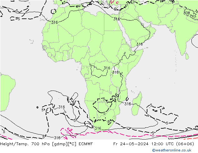 Geop./Temp. 700 hPa ECMWF vie 24.05.2024 12 UTC