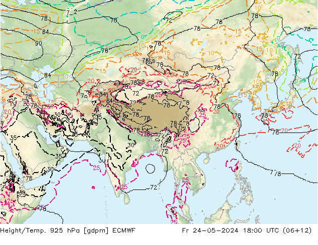 Height/Temp. 925 hPa ECMWF Fr 24.05.2024 18 UTC