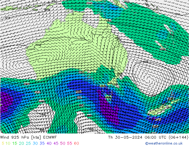 Viento 925 hPa ECMWF jue 30.05.2024 06 UTC