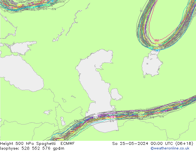 Height 500 гПа Spaghetti ECMWF сб 25.05.2024 00 UTC