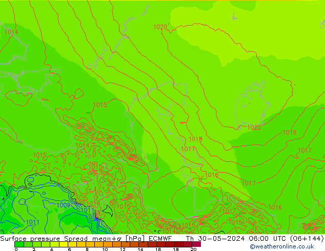 Surface pressure Spread ECMWF Th 30.05.2024 06 UTC