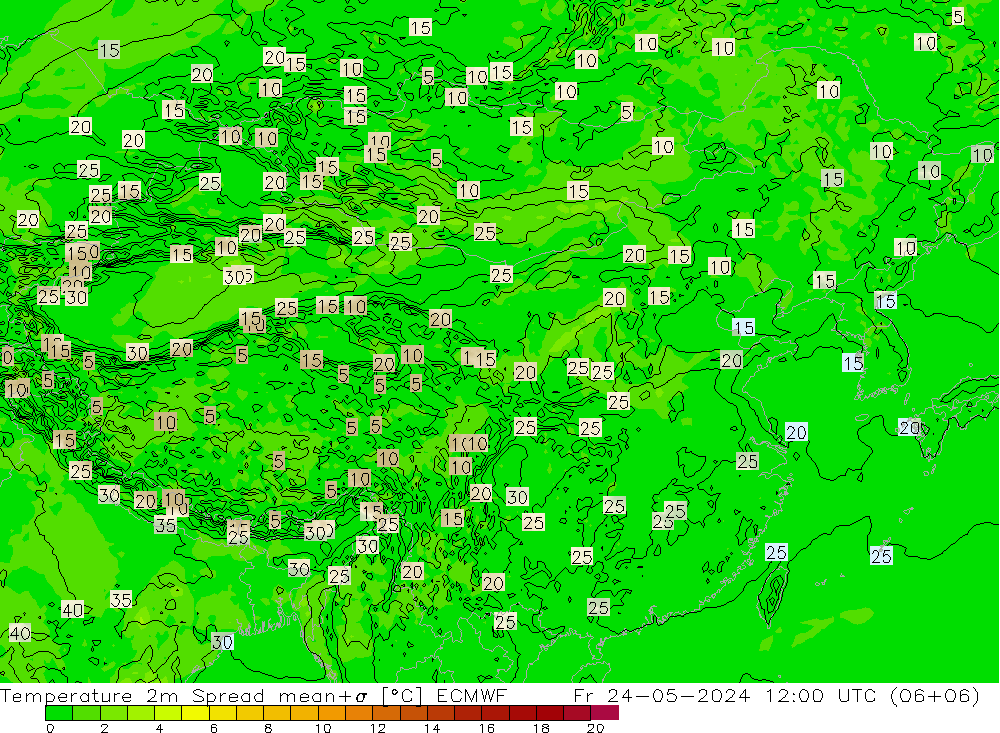 Temperatura 2m Spread ECMWF Sex 24.05.2024 12 UTC